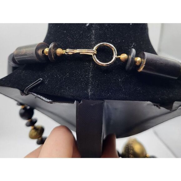 Vitnage Chunky Brass Carved Horn Wood Bohemian Ethnic Tribal Necklace 28in